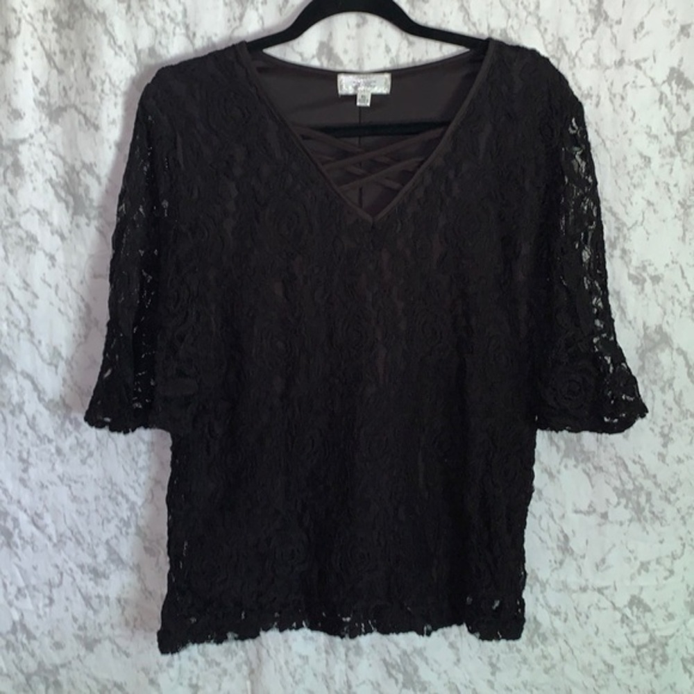 Shannon Ford New York Black Lace V Neck Top Short Bell Sleeve Sleeve Women’s XL